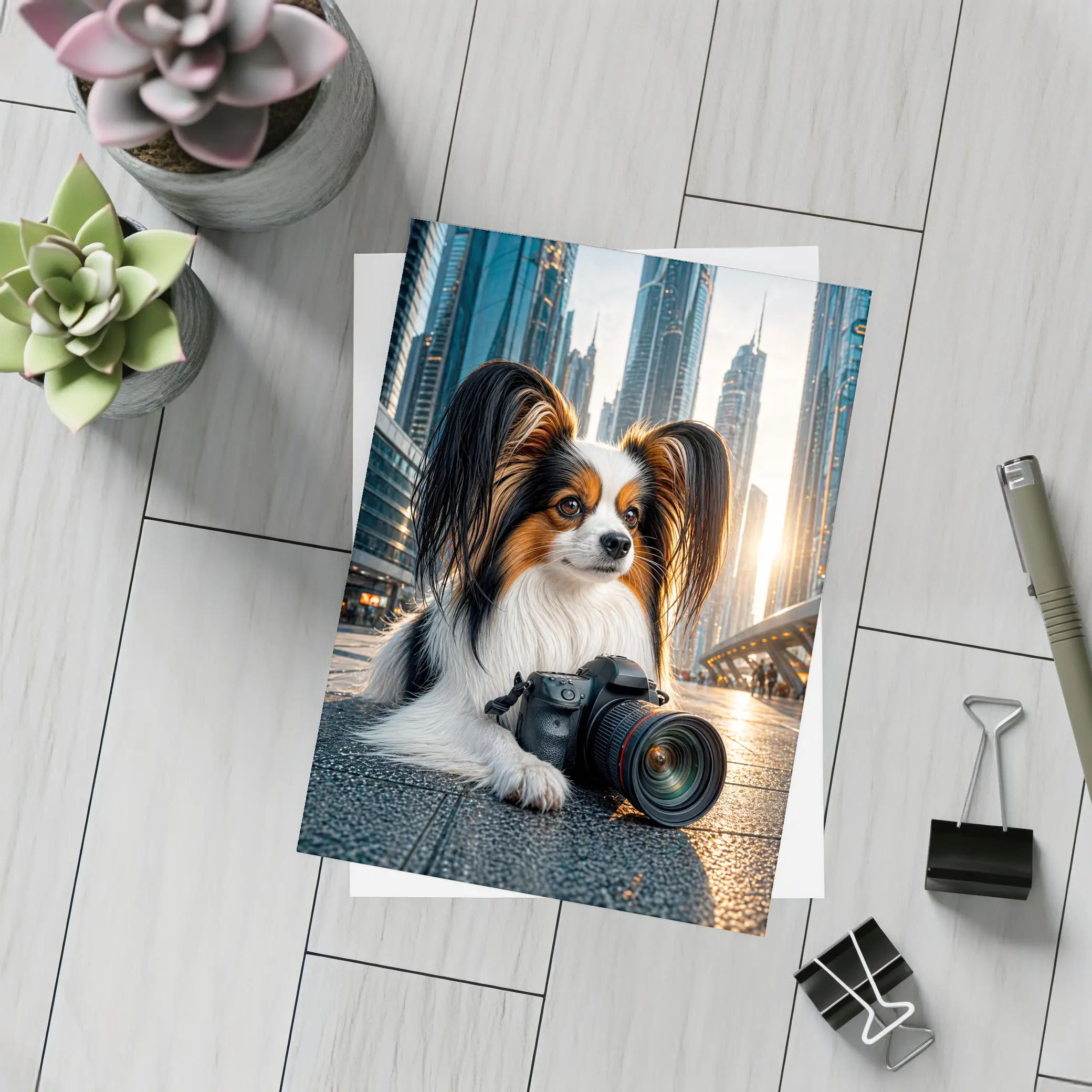 Papillon Dog With Camera City Background – Postcards