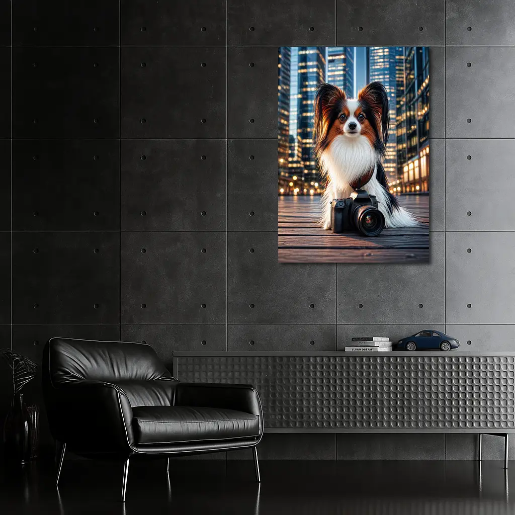 Papillon Dog With Camera City Night – Wall Art