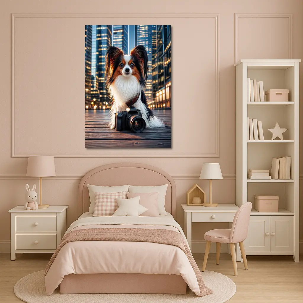 Papillon Dog With Camera City Night – Wall Art