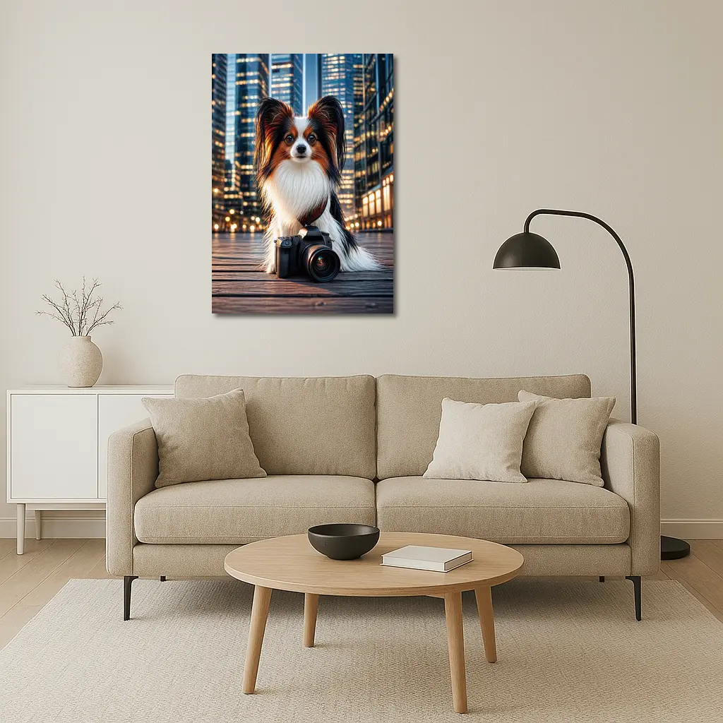 Papillon Dog With Camera City Night – Wall Art
