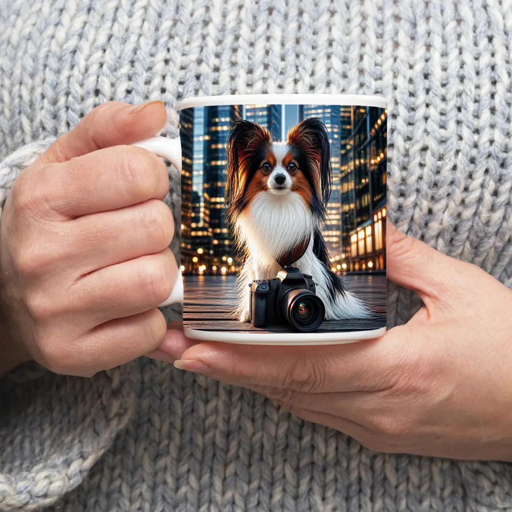 Papillon Dog With Camera City Night – Mugs