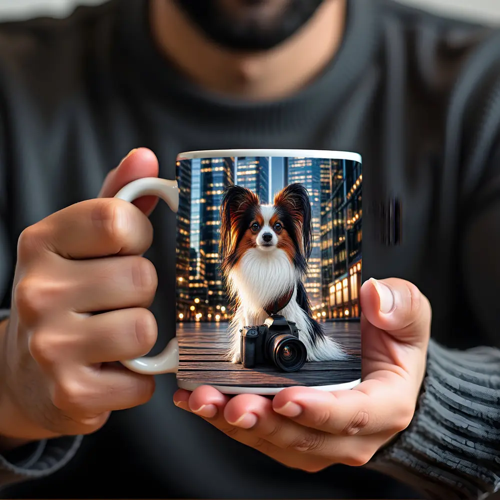 Papillon Dog With Camera City Night – Mugs