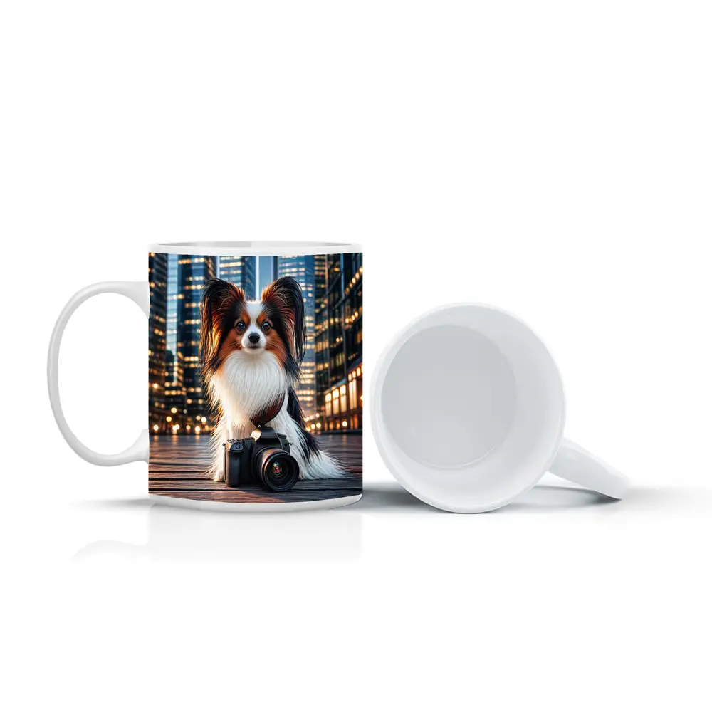 Papillon Dog With Camera City Night – Mugs