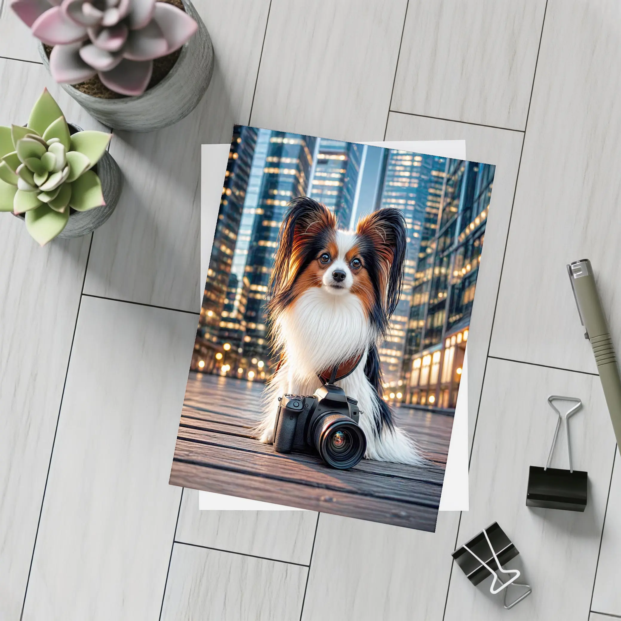 Papillon Dog With Camera City Night – Postcards