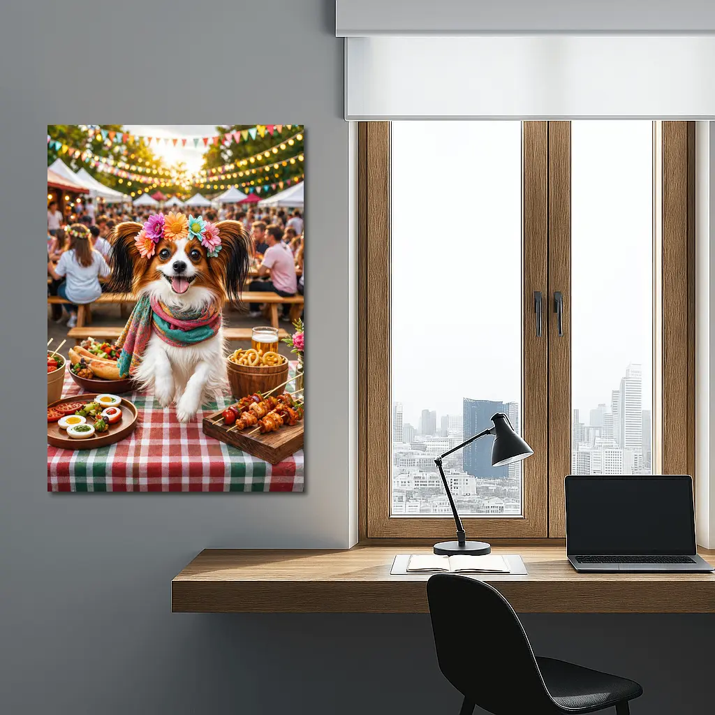 Papillon Dog at Colorful Outdoor Food Festival – Wall Art