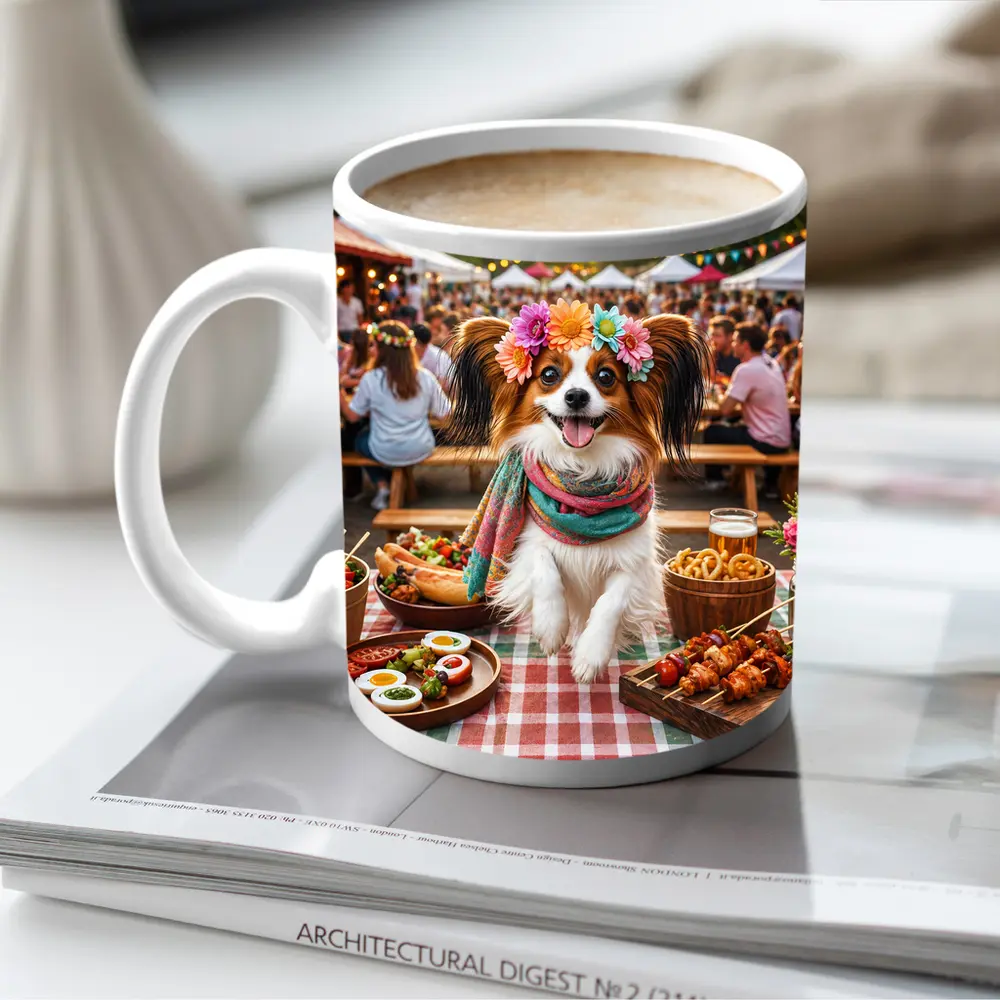 Papillon Dog at Colorful Outdoor Food Festival – Mugs