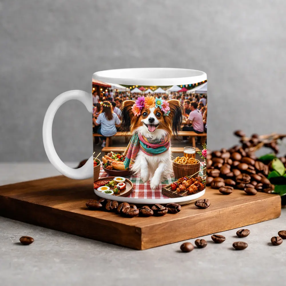 Papillon Dog at Colorful Outdoor Food Festival – Mugs