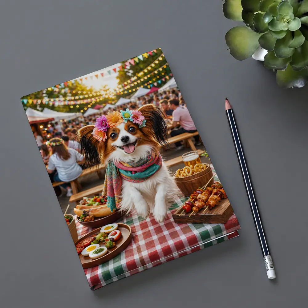 Papillon Dog at Colorful Outdoor Food Festival – Notebooks