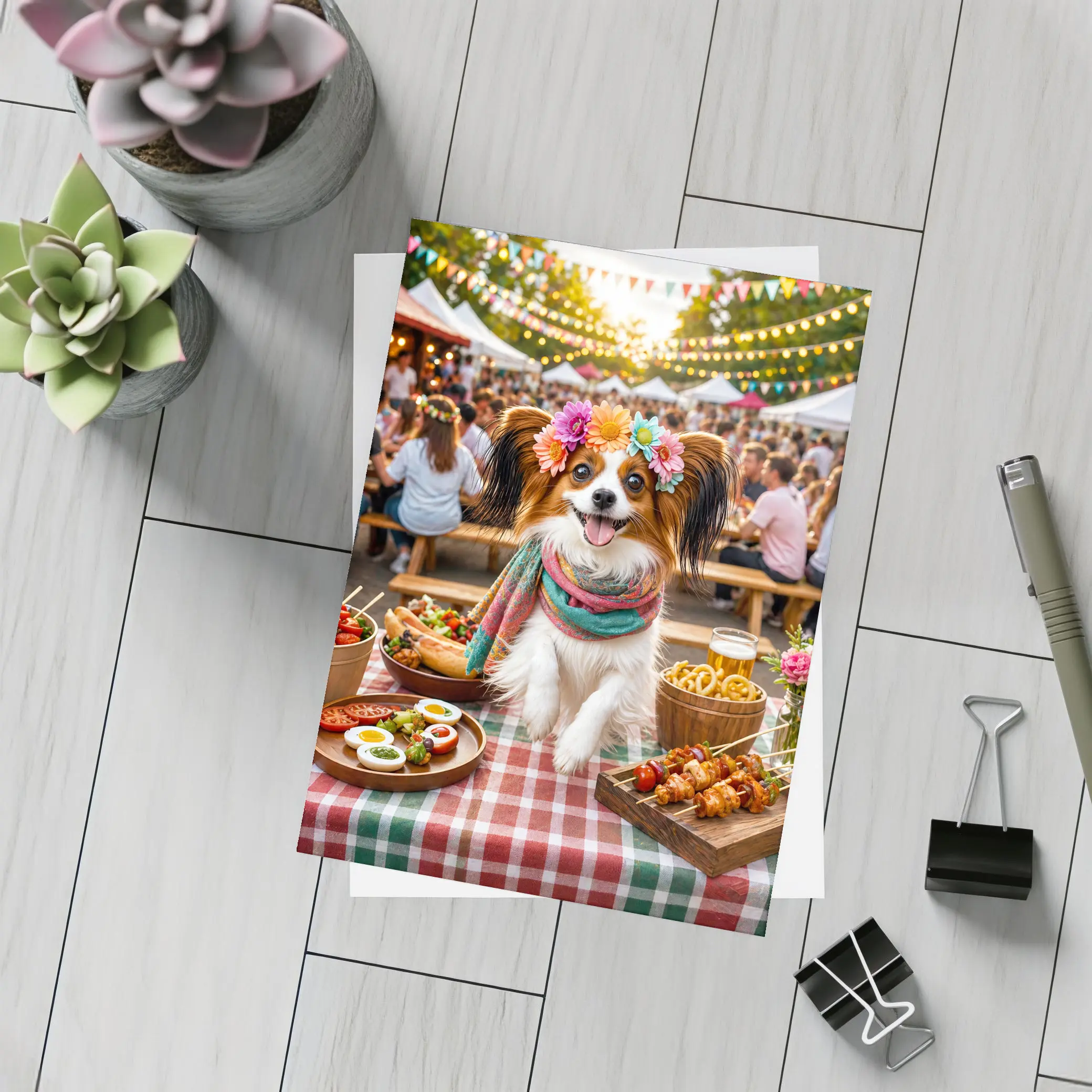Papillon Dog at Colorful Outdoor Food Festival – Postcards