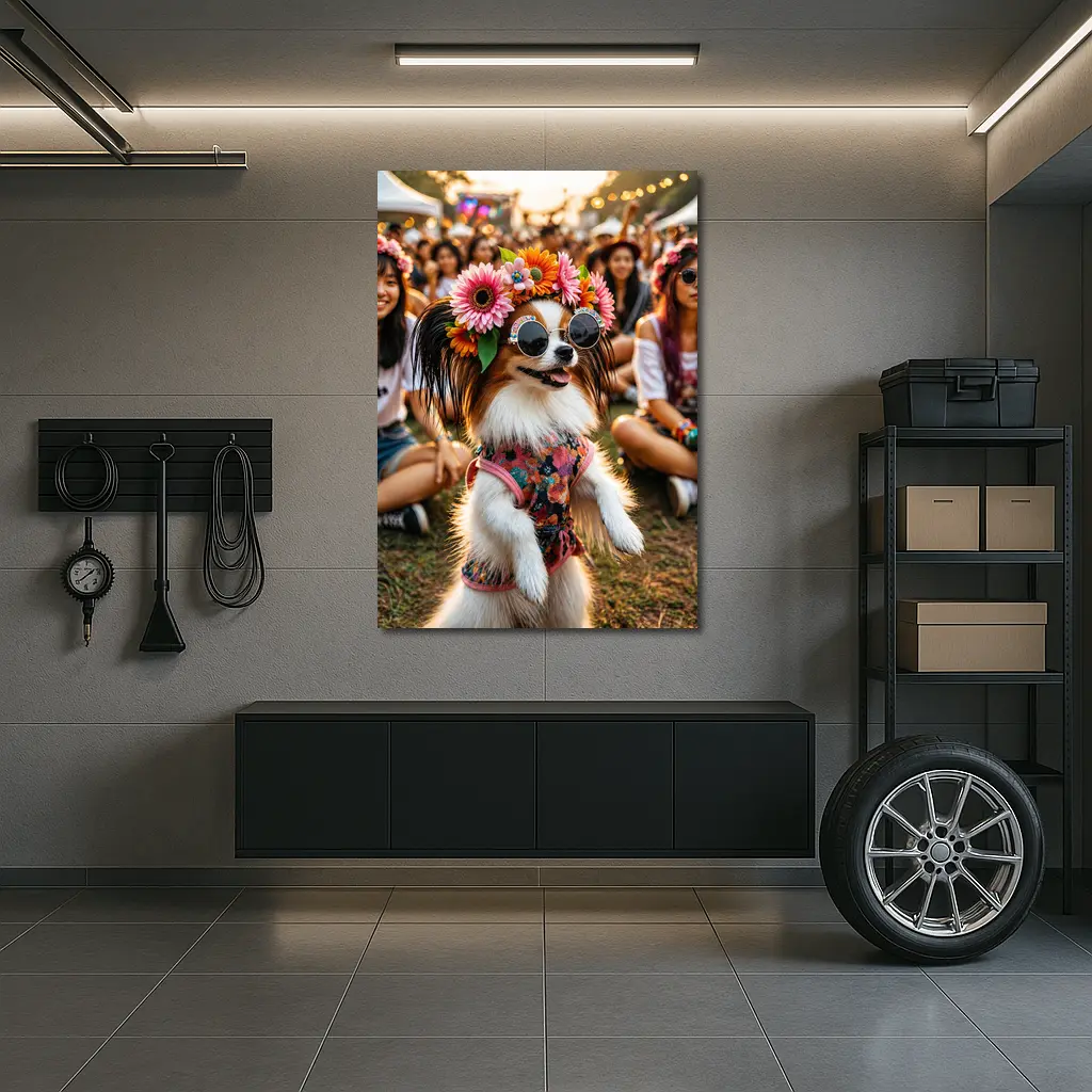 Papillon Dog Flower Crown Music Festival – Wall Art