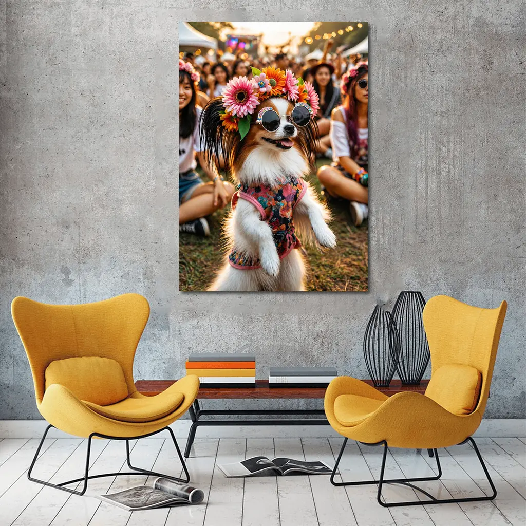 Papillon Dog Flower Crown Music Festival – Wall Art