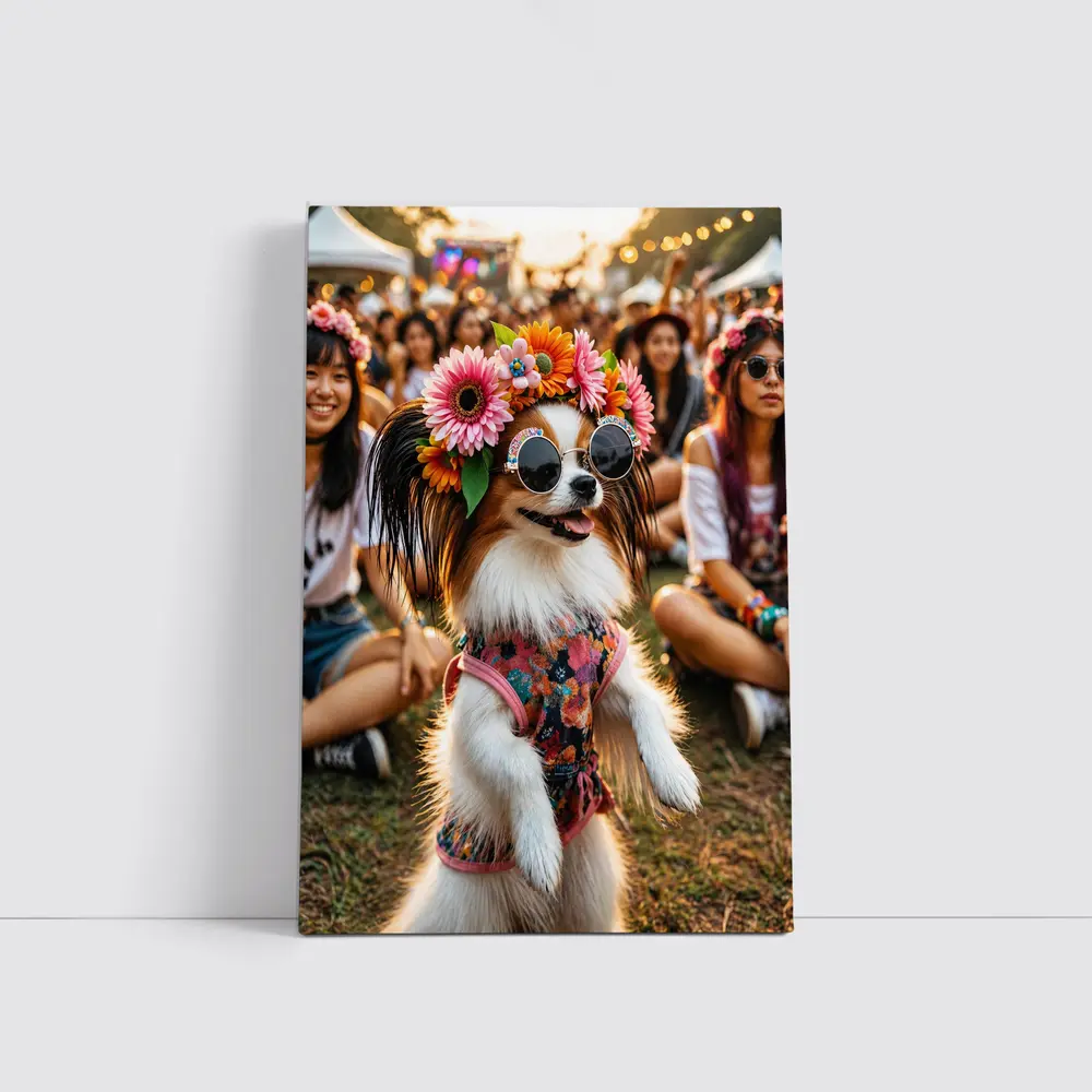 Papillon Dog Flower Crown Music Festival – Wall Art