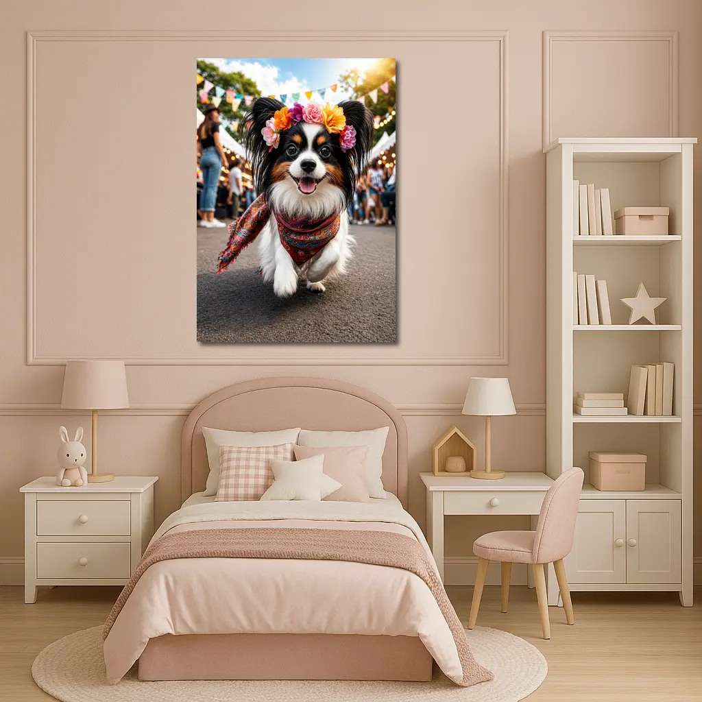 Papillon Dog Running at Colorful Festival – Wall Art