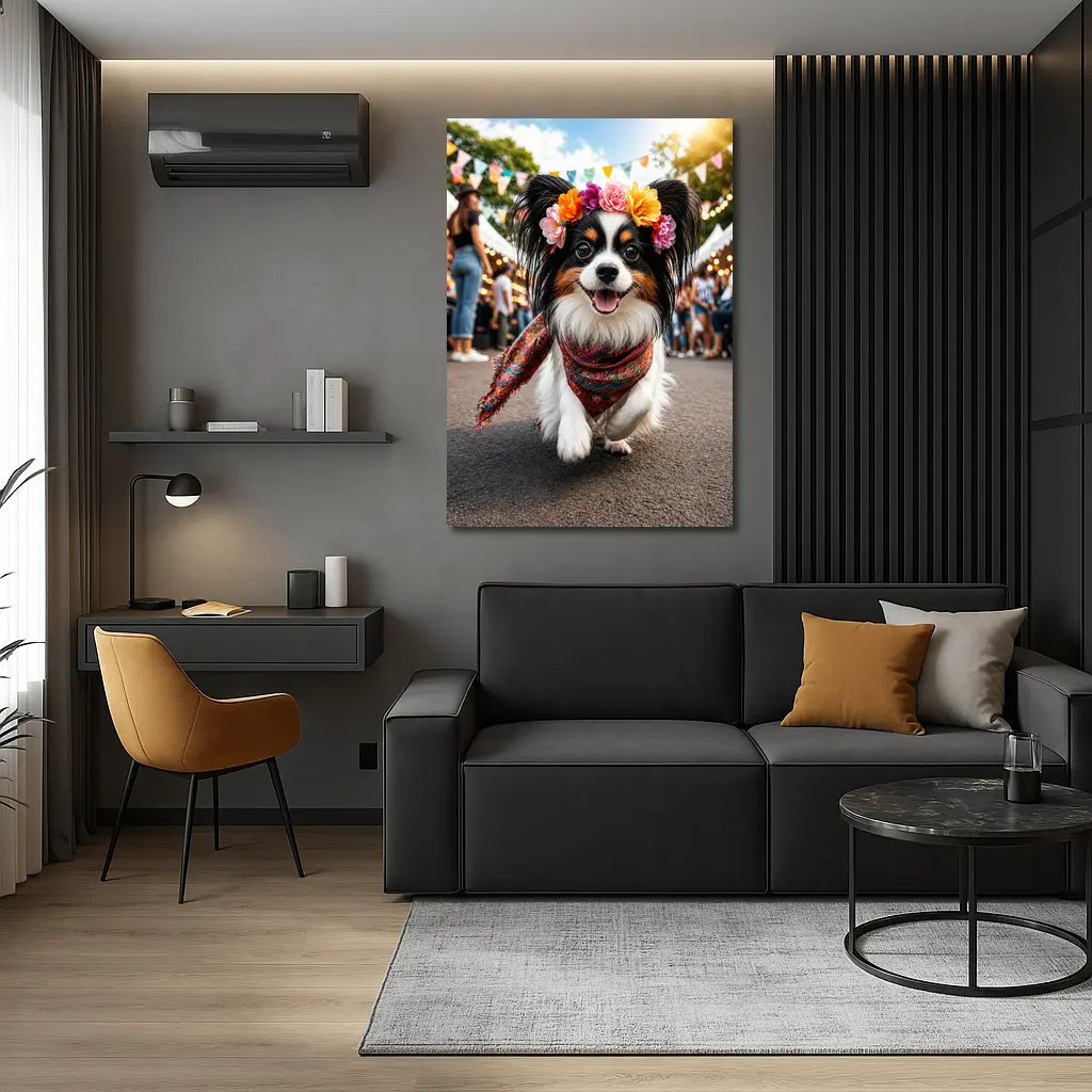 Papillon Dog Running at Colorful Festival – Wall Art