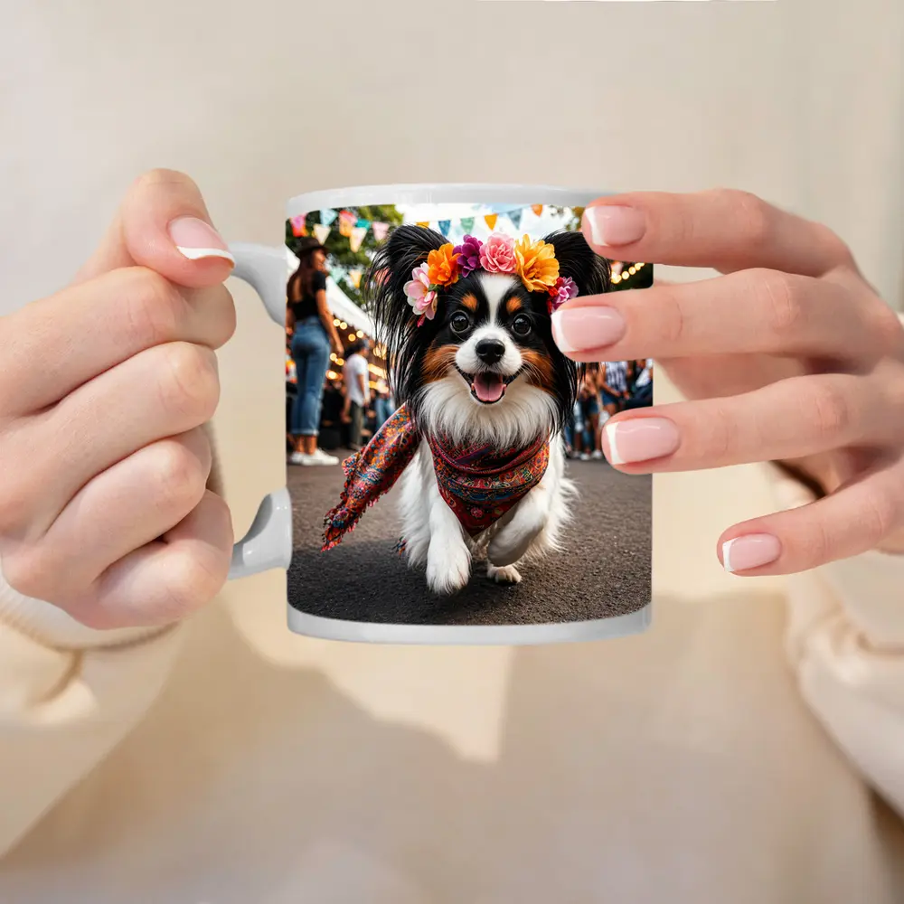 Papillon Dog Running at Colorful Festival – Mugs