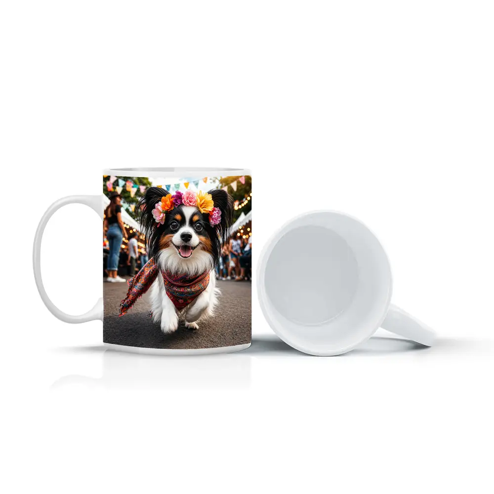 Papillon Dog Running at Colorful Festival – Mugs