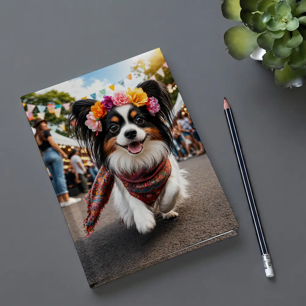 Papillon Dog Running at Colorful Festival – Notebooks