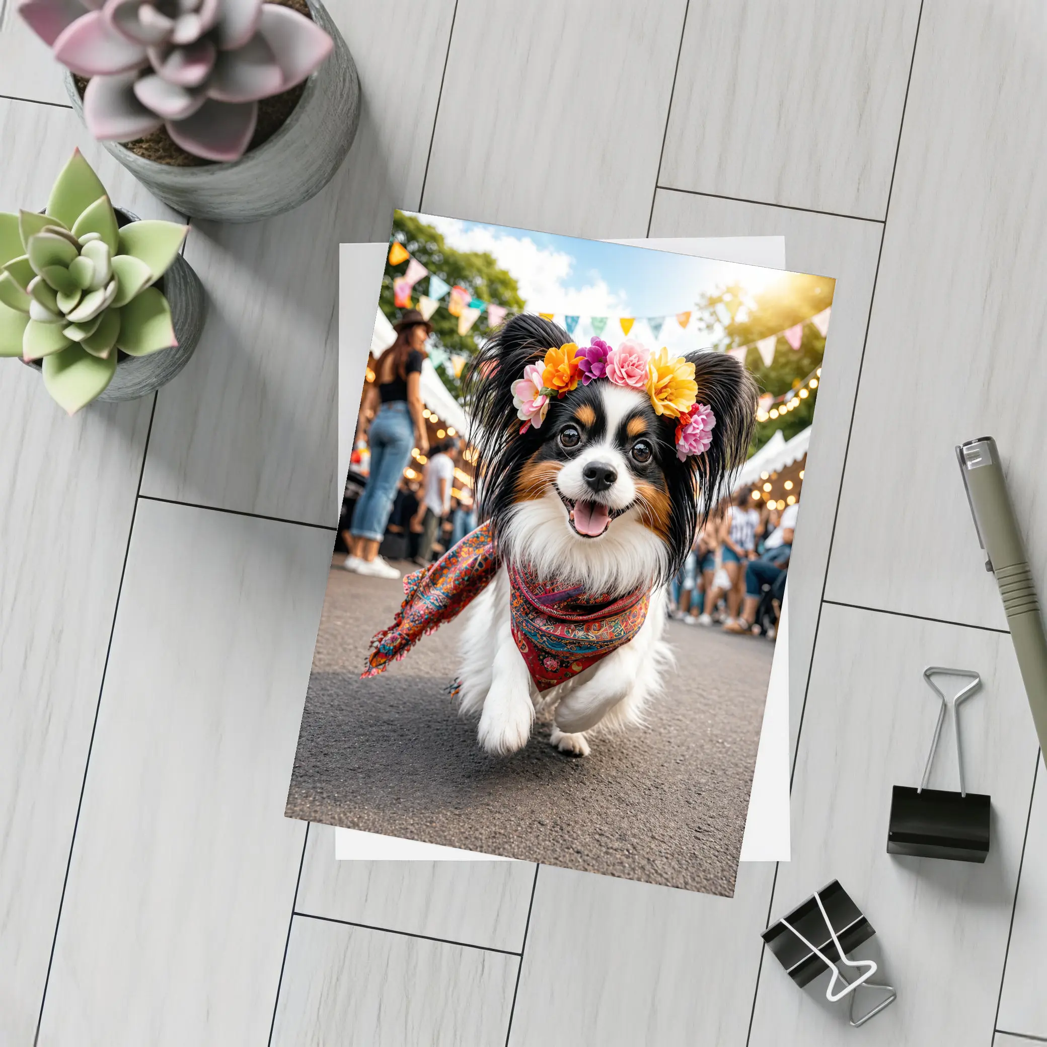 Papillon Dog Running at Colorful Festival – Postcards