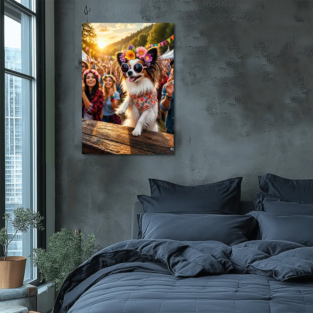 Papillon Dog Sunglasses Flowers Music Festival – Wall Art