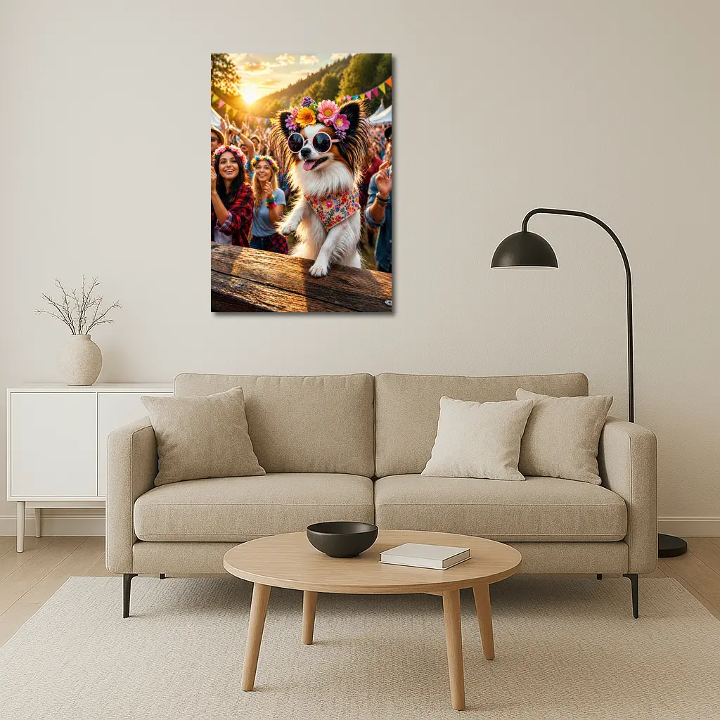 Papillon Dog Sunglasses Flowers Music Festival – Wall Art