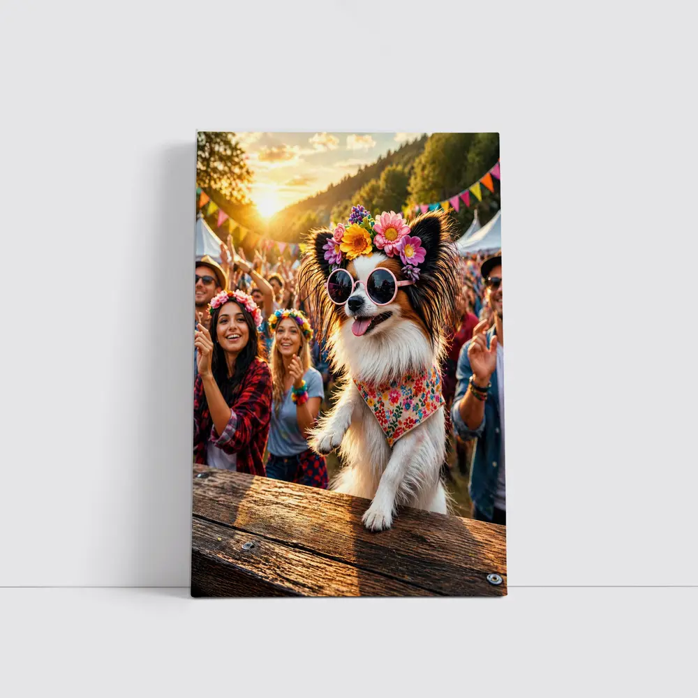 Papillon Dog Sunglasses Flowers Music Festival – Wall Art