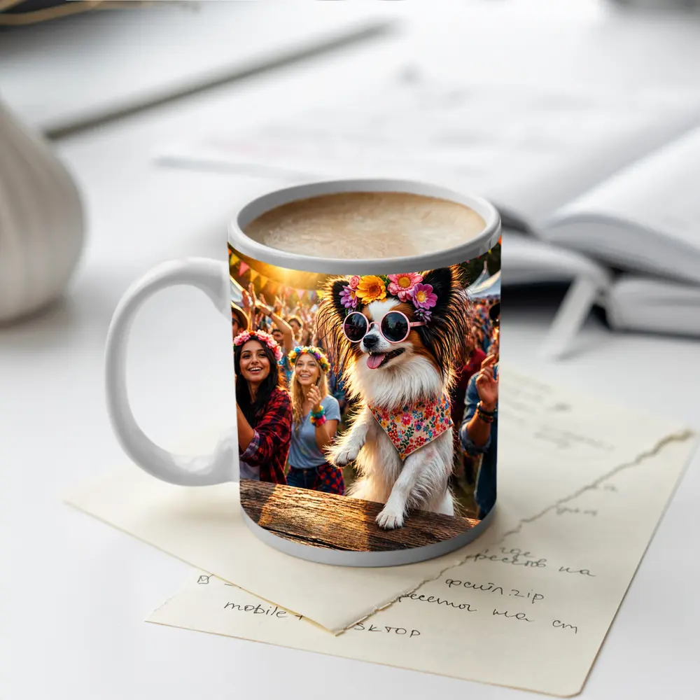Papillon Dog Sunglasses Flowers Music Festival – Mugs