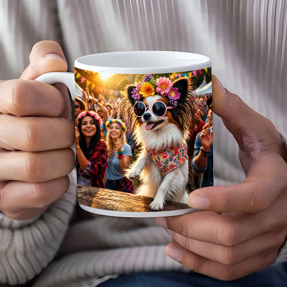 Papillon Dog Sunglasses Flowers Music Festival – Mugs