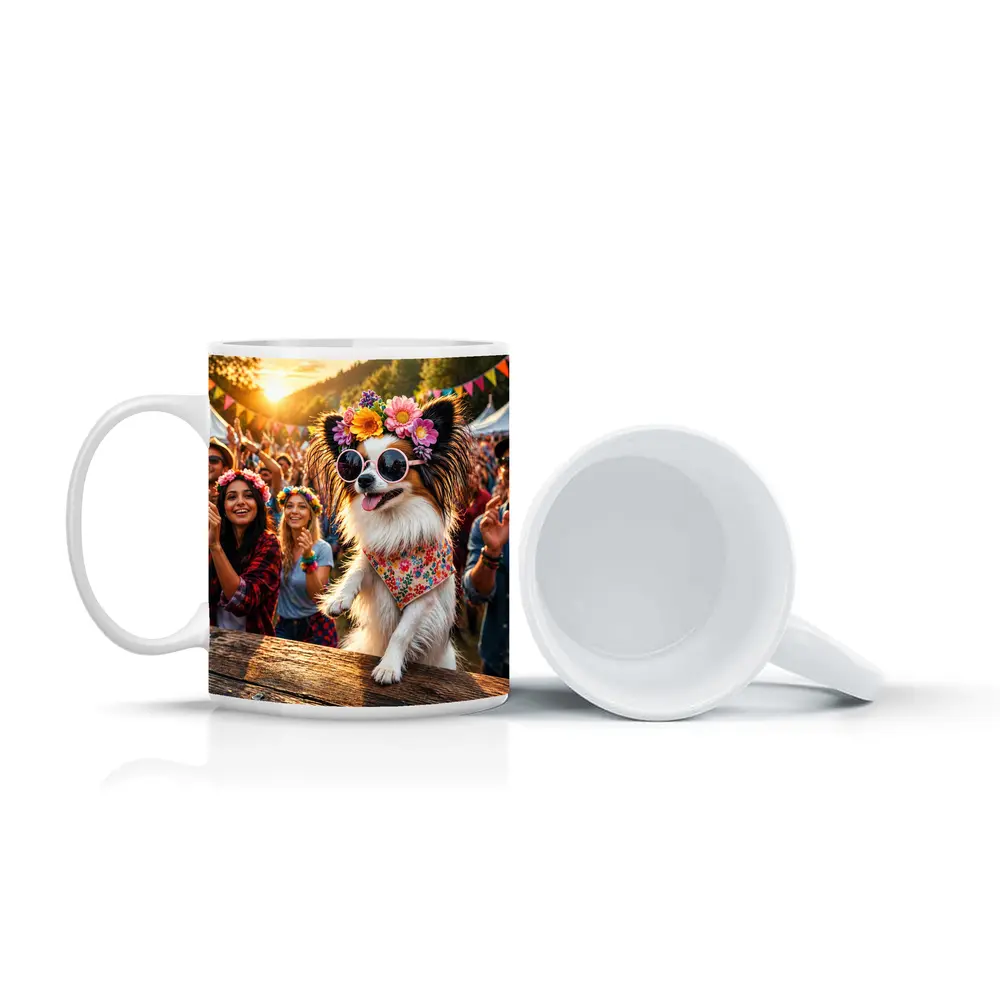 Papillon Dog Sunglasses Flowers Music Festival – Mugs