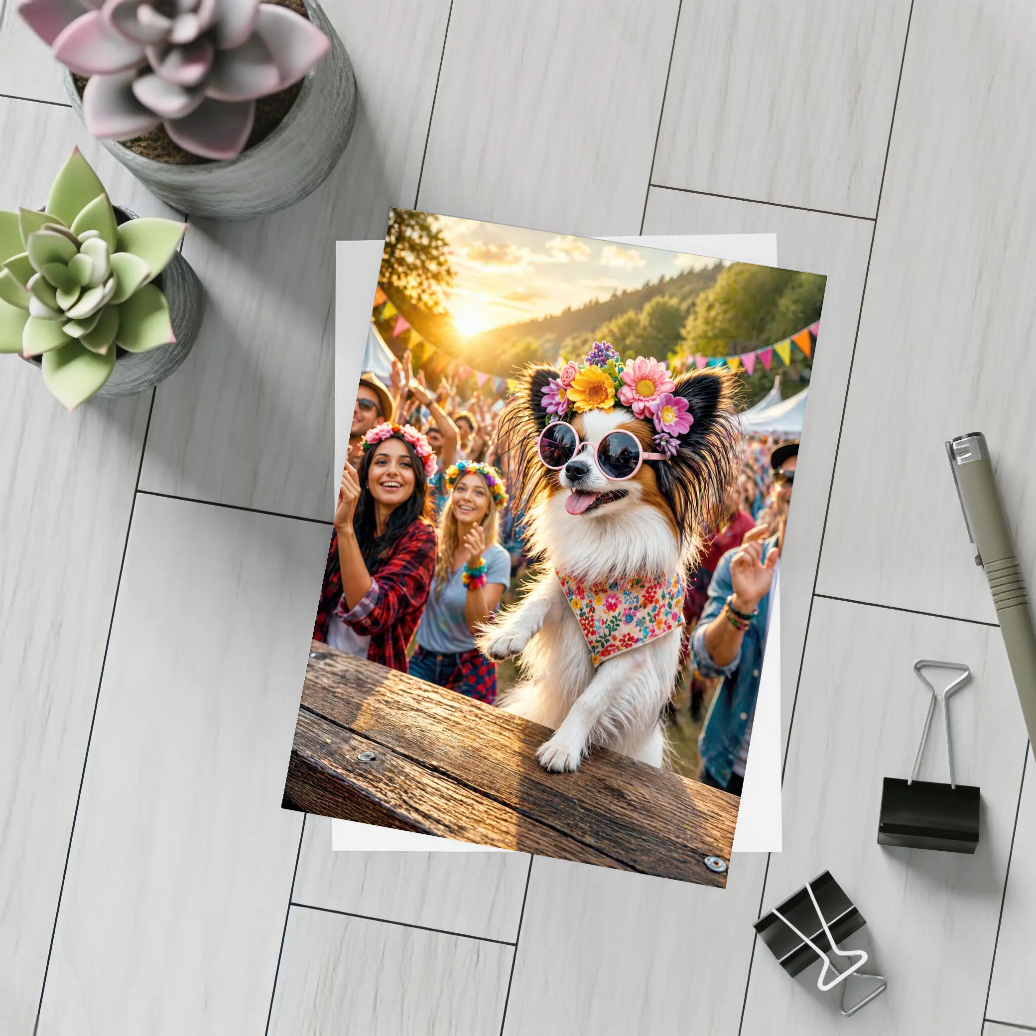 Papillon Dog Sunglasses Flowers Music Festival – Postcards