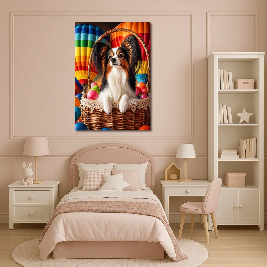 Papillon Dog Sitting in Easter Basket Balloons – Wall Art