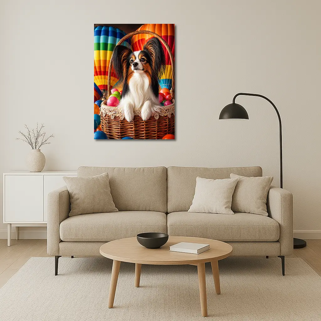 Papillon Dog Sitting in Easter Basket Balloons – Wall Art