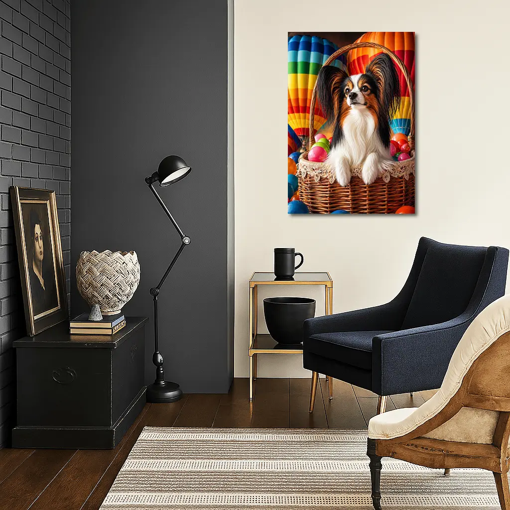 Papillon Dog Sitting in Easter Basket Balloons – Wall Art