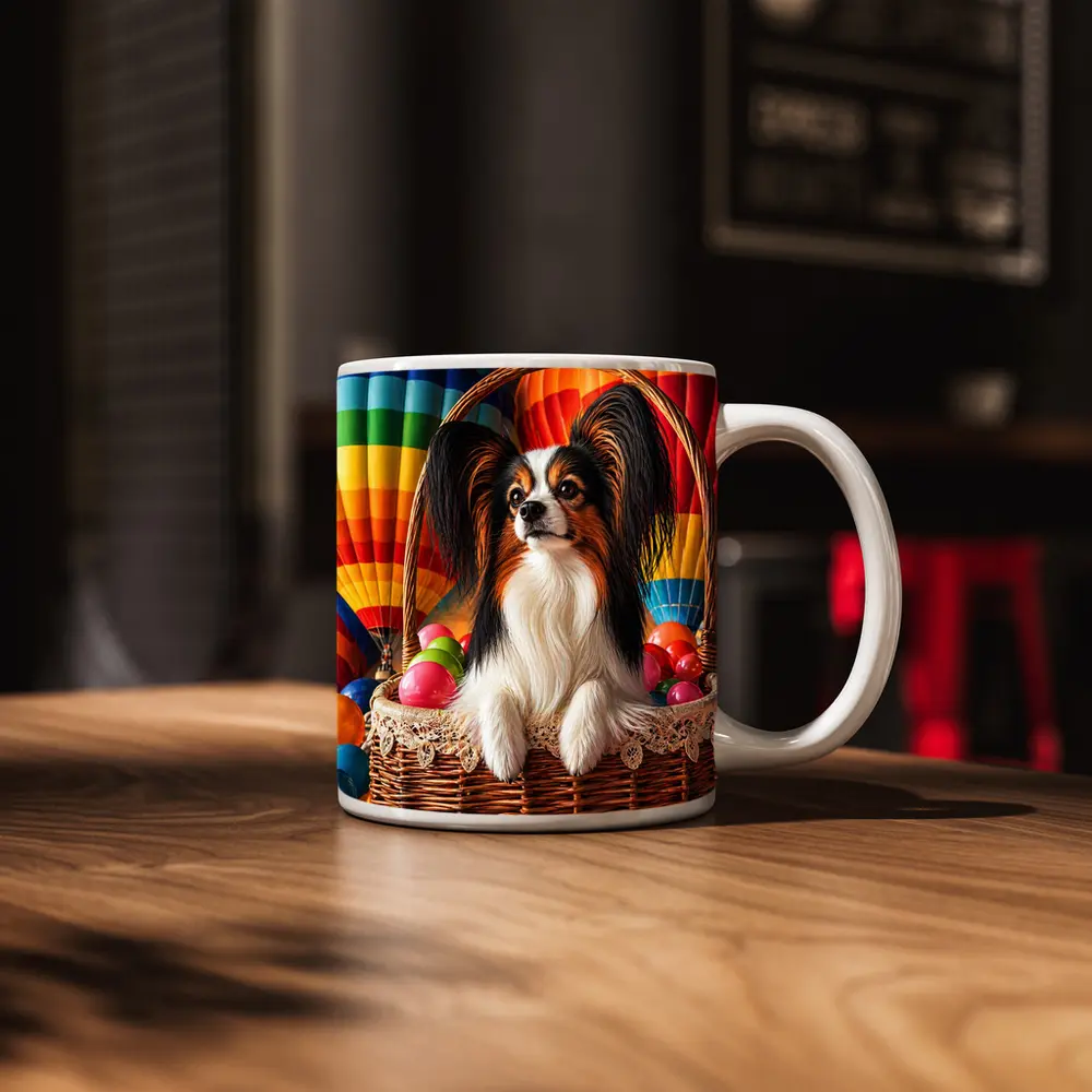 Papillon Dog Sitting in Easter Basket Balloons – Mugs