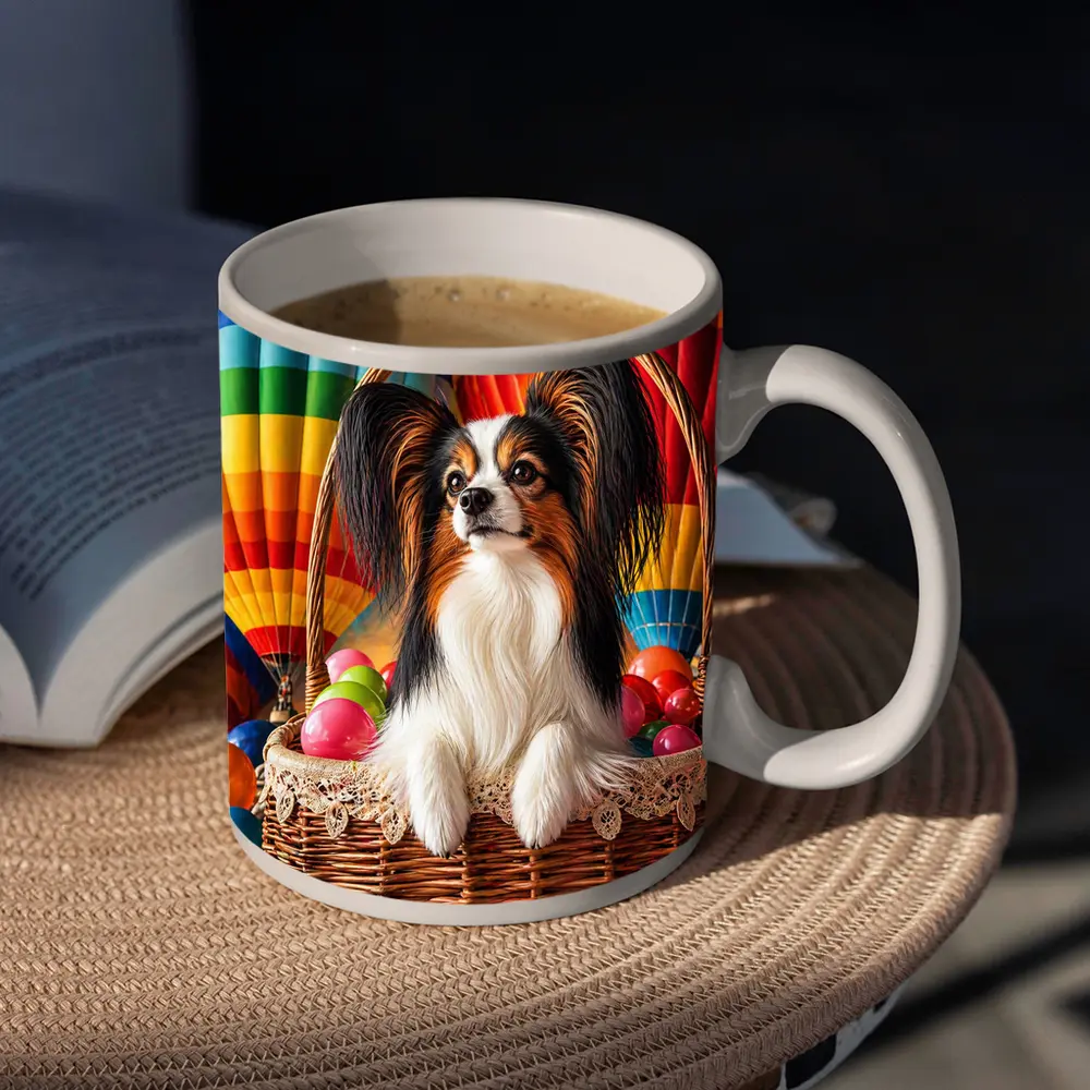 Papillon Dog Sitting in Easter Basket Balloons – Mugs