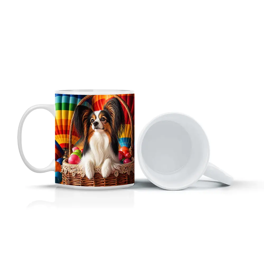 Papillon Dog Sitting in Easter Basket Balloons – Mugs