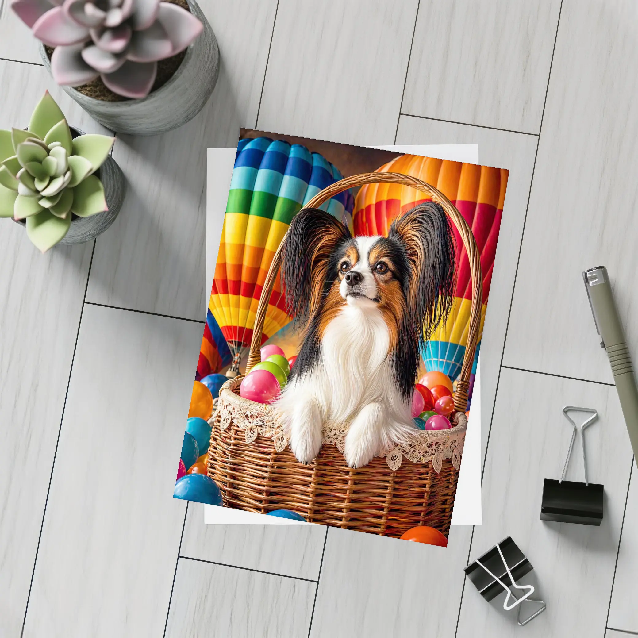 Papillon Dog Sitting in Easter Basket Balloons – Postcards