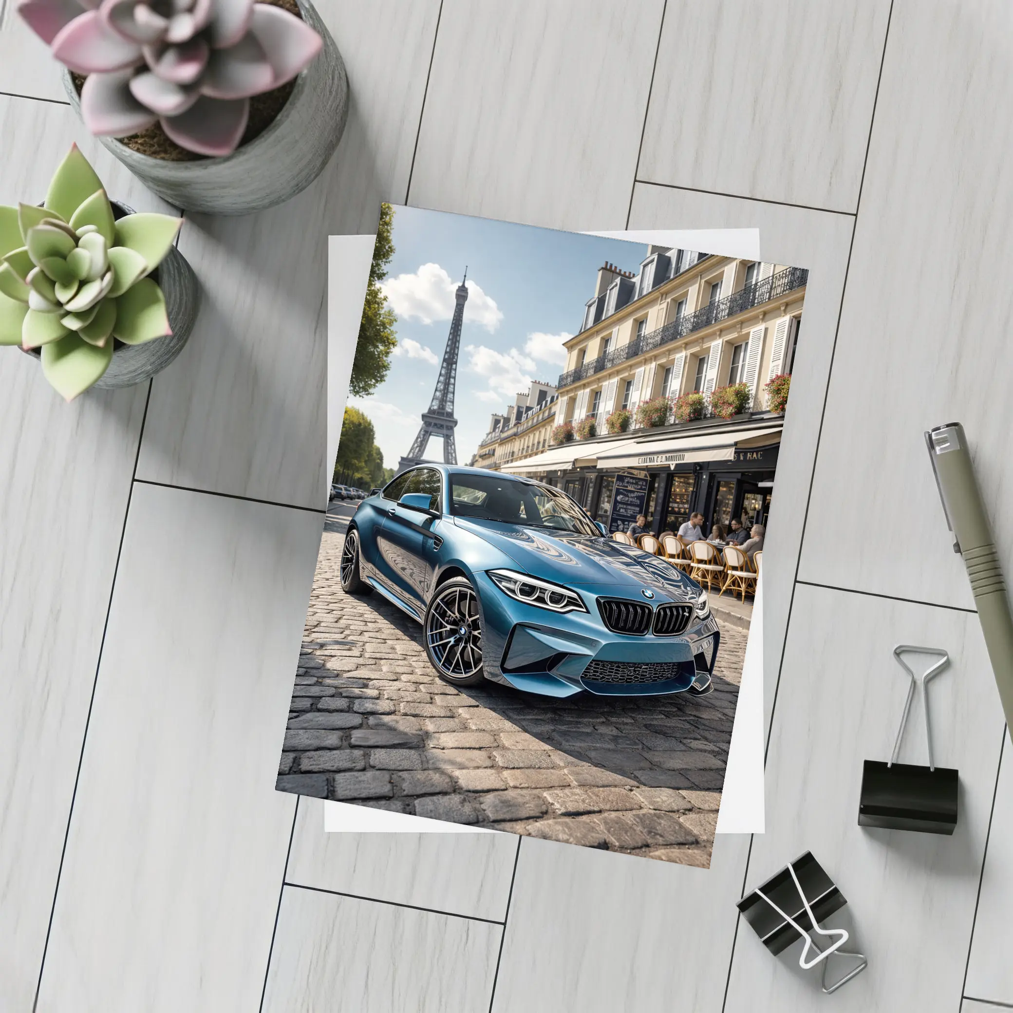 BMW M2 Parked on Paris Cobblestone Street – Postcards
