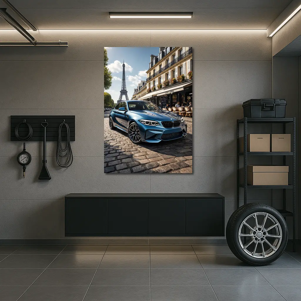 BMW M2 Parked on Paris Cobblestone Street – Wall Art