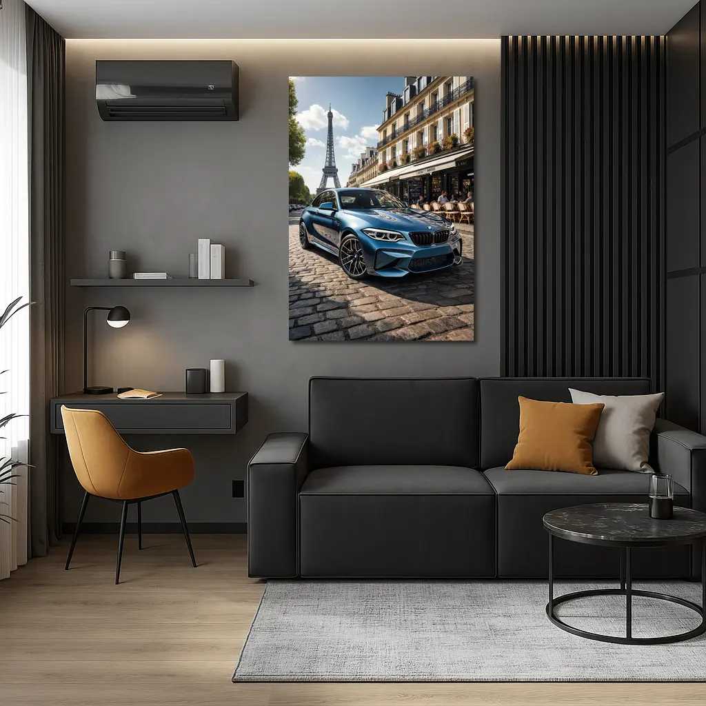 BMW M2 Parked on Paris Cobblestone Street – Wall Art