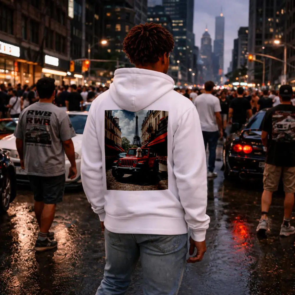 Red Jeep Wrangler Poodle Paris Eiffel Tower – Hoodies