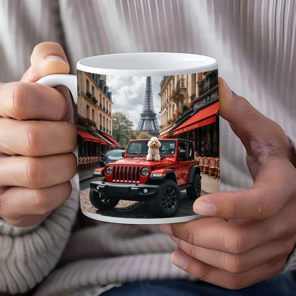Red Jeep Wrangler Poodle Paris Eiffel Tower – Mugs