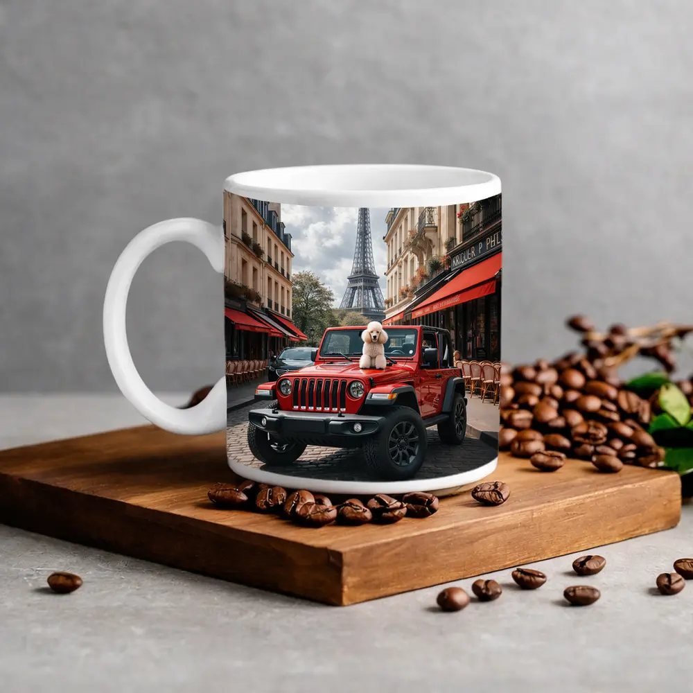 Red Jeep Wrangler Poodle Paris Eiffel Tower – Mugs