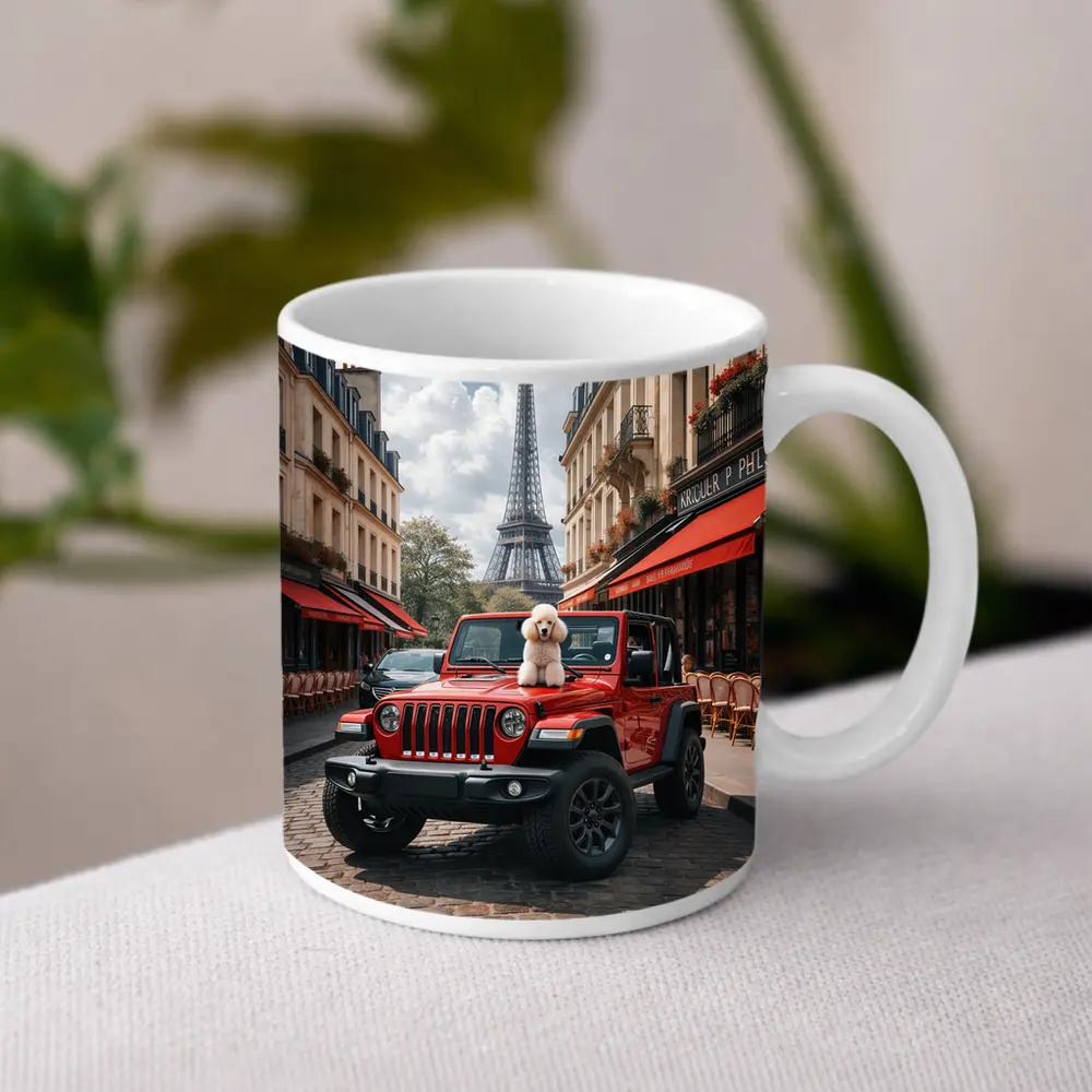 Red Jeep Wrangler Poodle Paris Eiffel Tower – Mugs