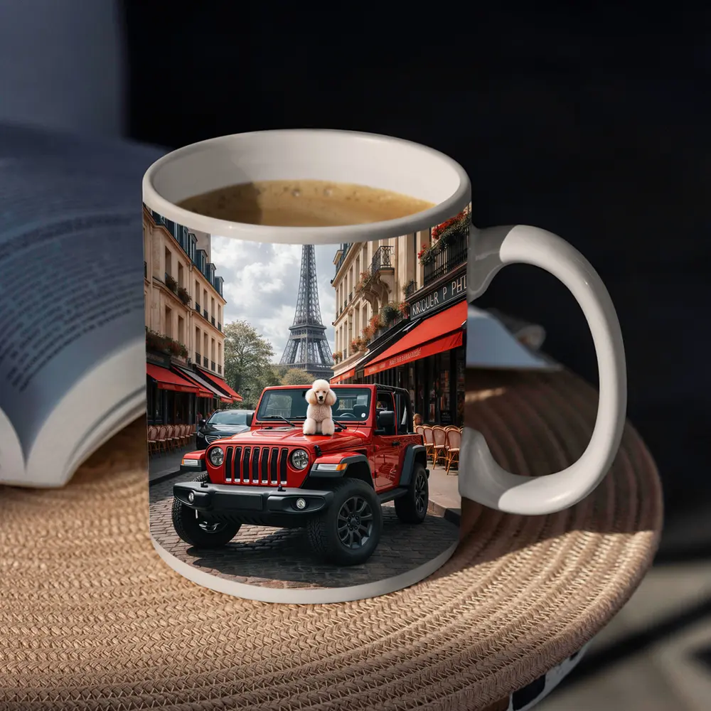 Red Jeep Wrangler Poodle Paris Eiffel Tower – Mugs