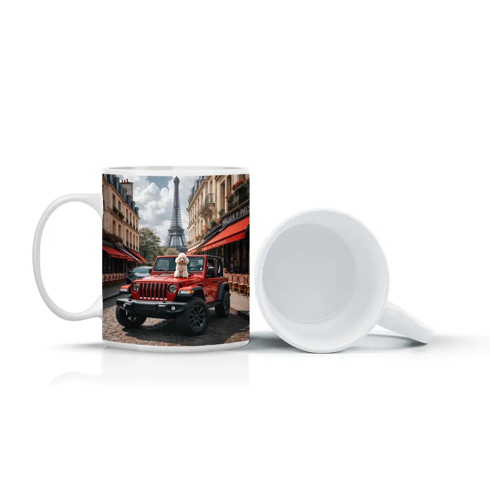 Red Jeep Wrangler Poodle Paris Eiffel Tower – Mugs