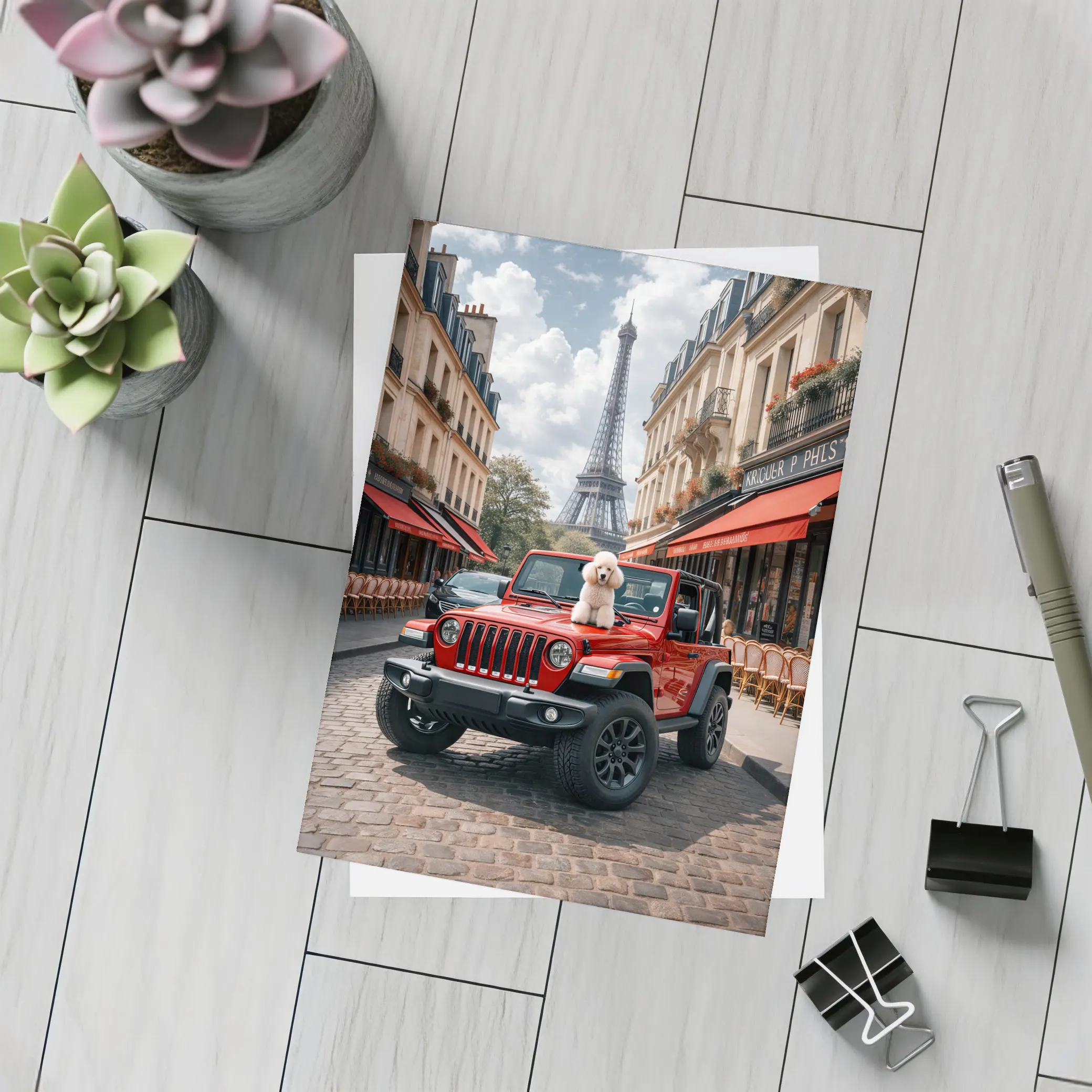 Red Jeep Wrangler Poodle Paris Eiffel Tower – Postcards
