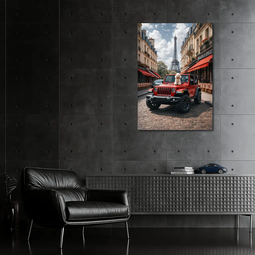 Red Jeep Wrangler Poodle Paris Eiffel Tower – Wall Art