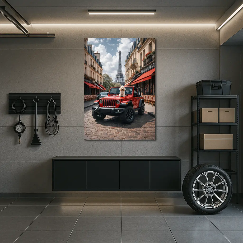 Red Jeep Wrangler Poodle Paris Eiffel Tower – Wall Art