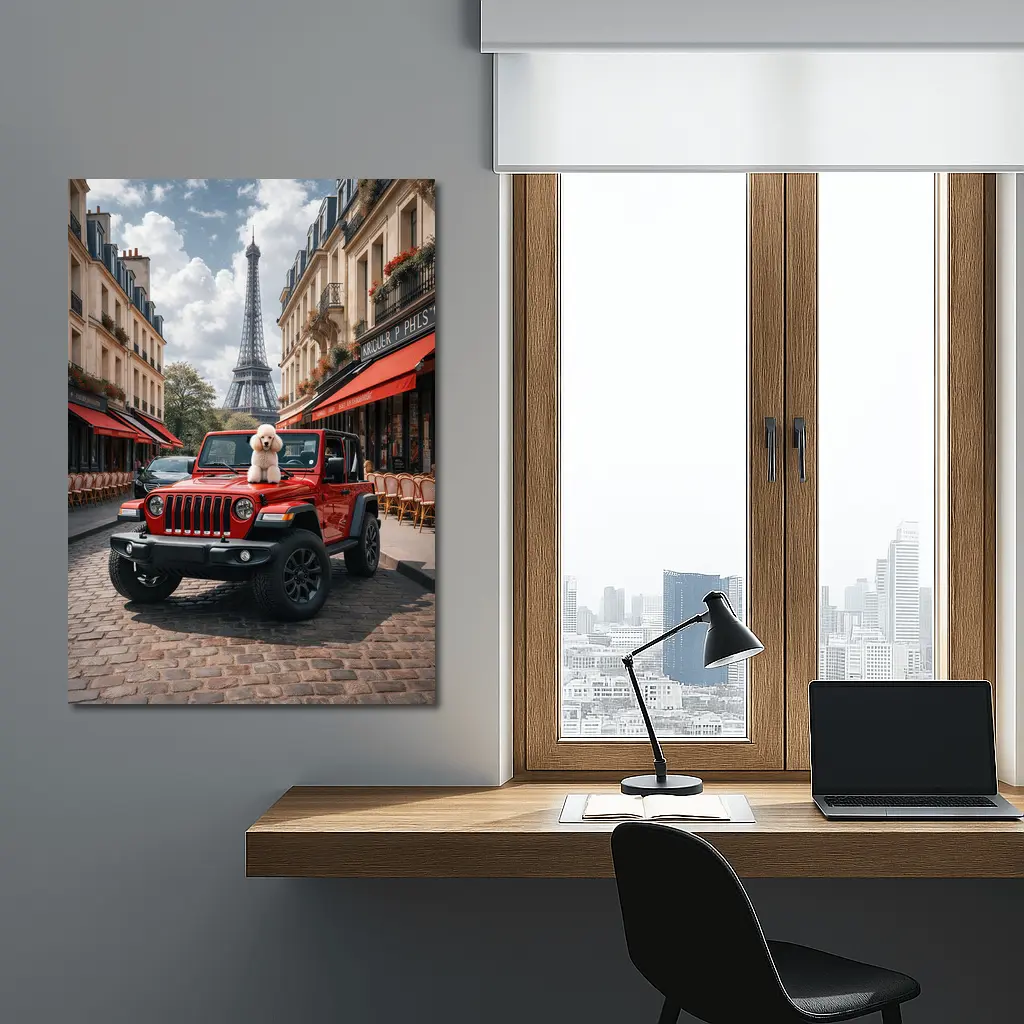 Red Jeep Wrangler Poodle Paris Eiffel Tower – Wall Art