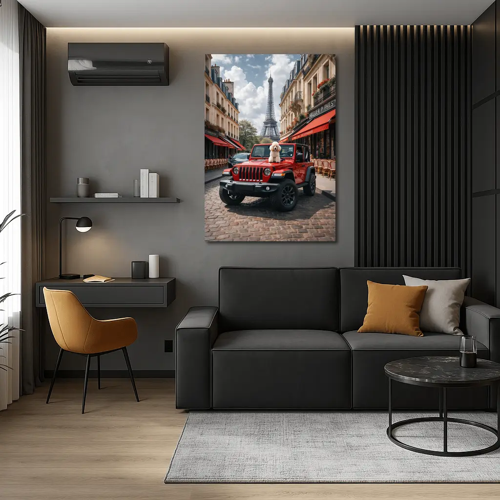 Red Jeep Wrangler Poodle Paris Eiffel Tower – Wall Art